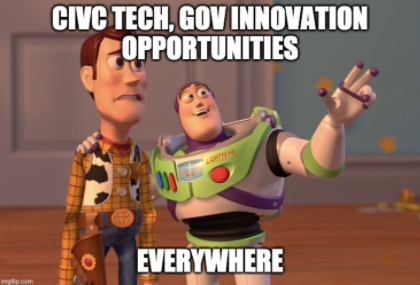 Meme of Buzz and Woody from Toy Story discussing Civic tech opportunities everywhere.