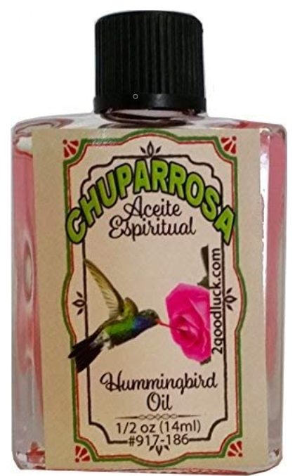 A small, rectangular 1/2 dram bottle of Chuparrosa curio oil