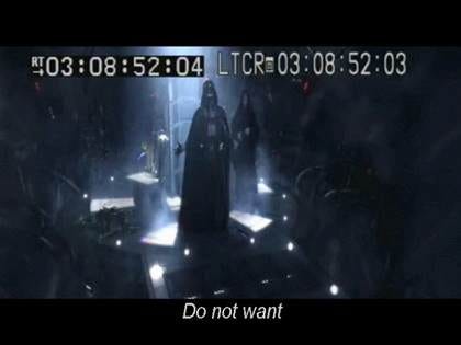 A screengrab from “Star Wars Episode III: Backstroke of the West”, Darth Vader with the subtitle “Do not want”