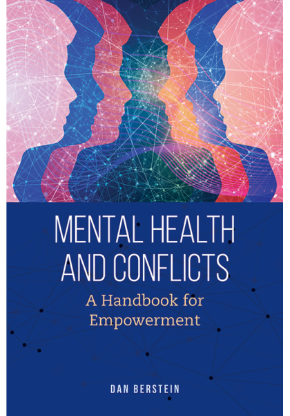 The cover of the book “Mental Health and Conflicts: A Handbook for Empowerment” is shown. The title, in white and beige lettering, is shown over a blue background that includes a vector graphic. Above the book title is a graphic showing facial profiles is several colors with more vectors in the background.