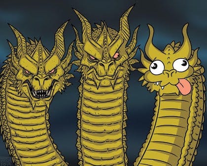 Three dragons in a row (meant to represent nodes). The third dragon is making a goofy face.