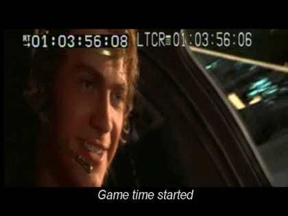 A screengrab from “Star Wars Episode III: Backstroke of the West”. Anakin in the pilot seat, with the subtitle “Game time started”