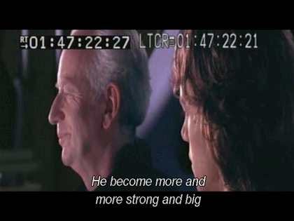 A screengrab from “Star Wars Episode III: Backstroke of the West”, the Chancellor talking to Anakin with the subtitle “He become more and more strong and big”