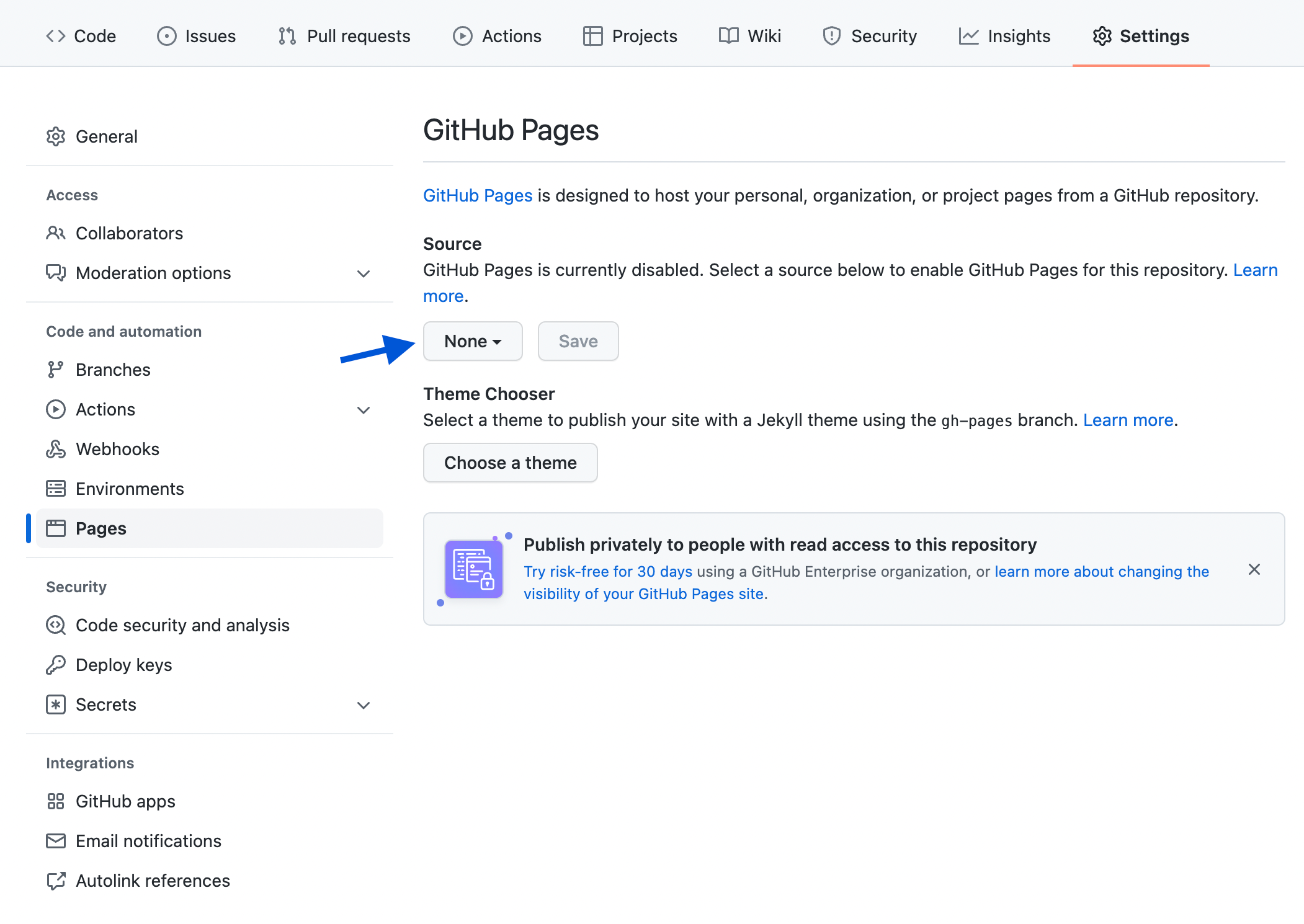 “Repository Page Setting” on GitHub (before activating GitHub Pages)