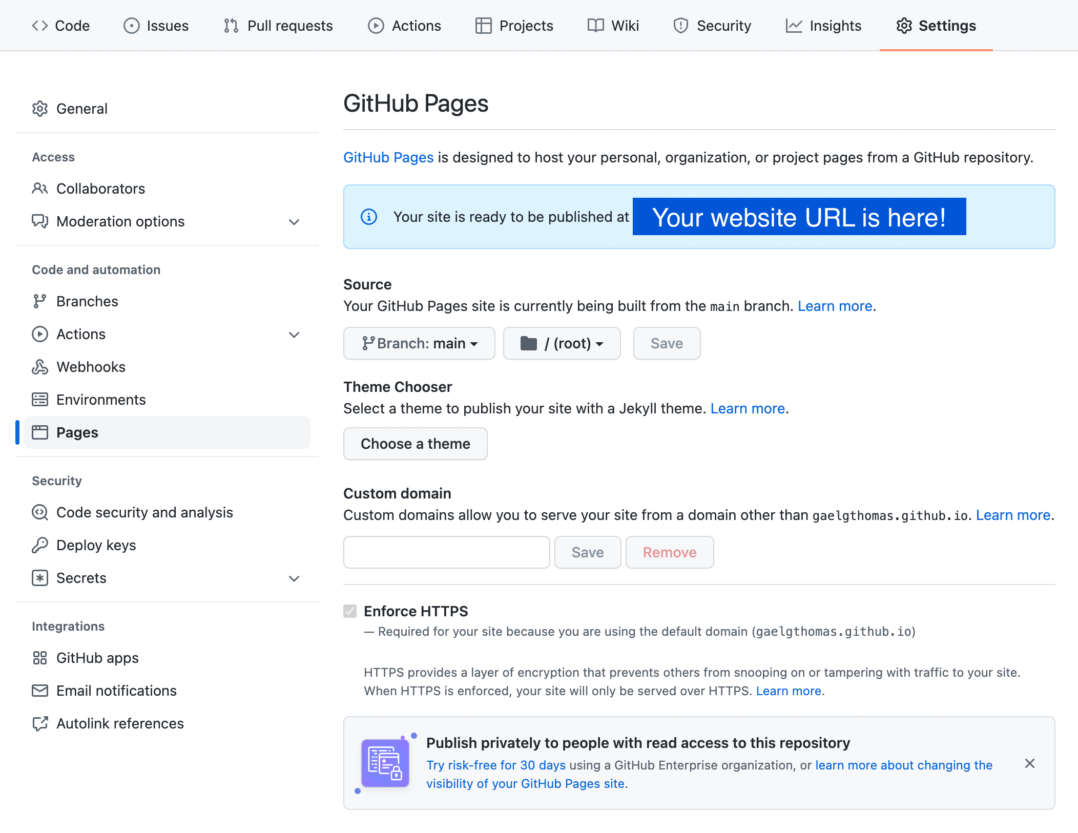“Repository Page Setting” on GitHub (after activating GitHub Pages)