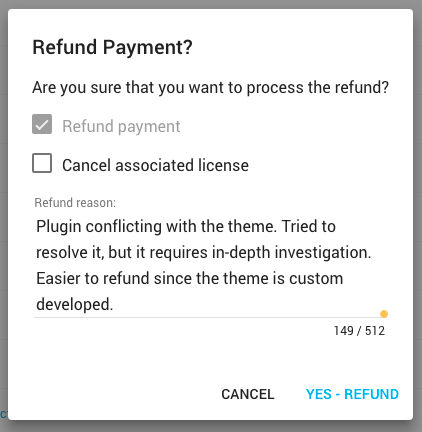 Freemius Developers Dashboard - Refund Reason Dialog Box