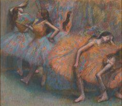 4 Ballerinas with orange and blue tule skirts, resting backstage.