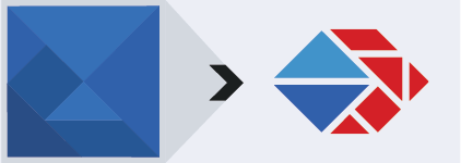 Graphic correlating ancient tangram puzzle with the Tangram Flex logo