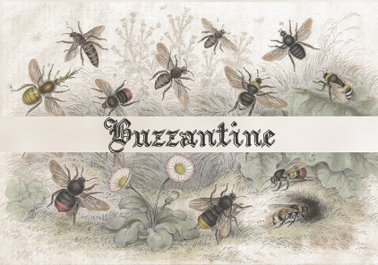 This is an historic illustration of busy bees buzzing around flowers.