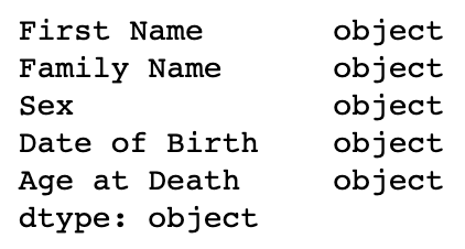 Output from df.dtypes command, illustrating that all columns have ‘object’ types.
