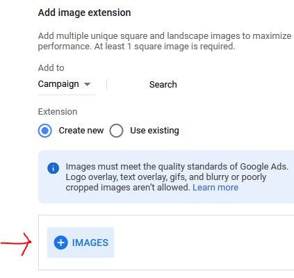 An arrow points to the “Images” button on the “Image extension” page.