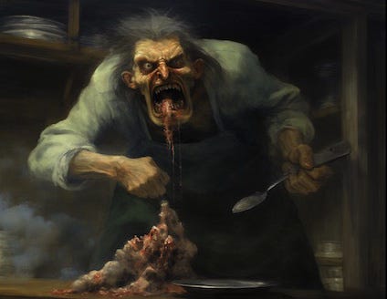 An exaggerated oil painting style image by Midjourney of a deranged man gobbling down… meaty gunk. With a spoon.