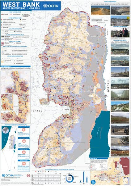 Mapa dos assentamentos israelenses ilegais (magenta) na Cisjordânia ocupada em 2020, segundo o Escritório das Nações Unidas para a Coordenação de Assuntos Humanitários.