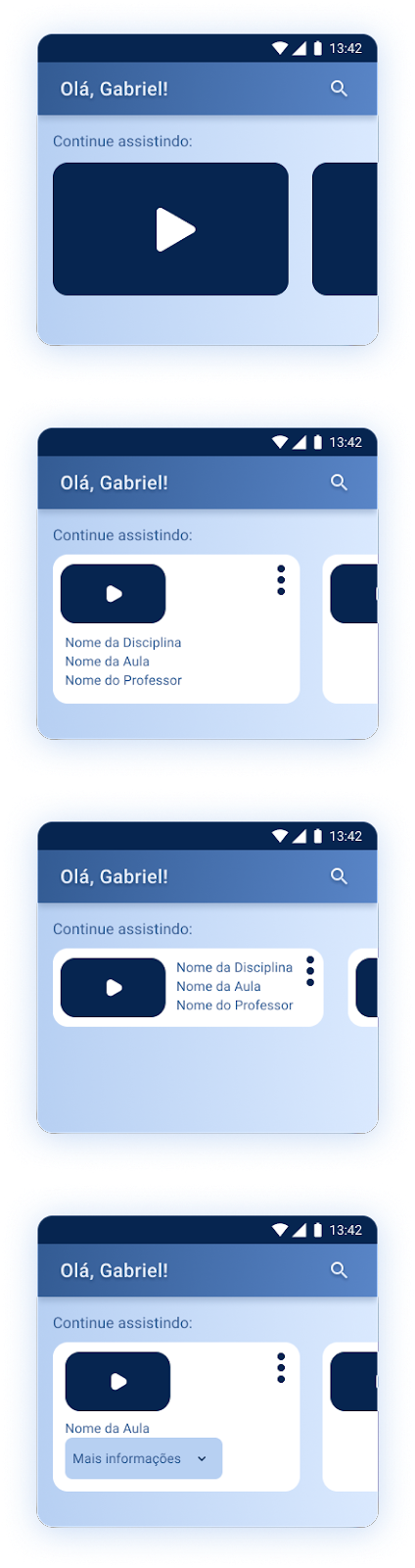 Captura de tela da página inicial do aplicativo de educação dividida em 4 versões, onde a funcionalidade de “Continuar assistindo” é elaborada de diferentes maneiras.