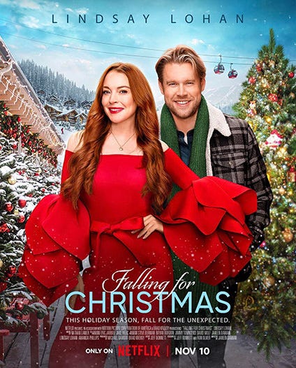 Falling for Christmas (2022) Movie Poster — Woman with hand on her hip, smiling in flamboyant red jumpsuit, man smiling and standing behind, off center of her