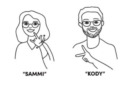 a drawing of Sammi, a woman, shows her name sign. Kody, a man, shows his name sign.
