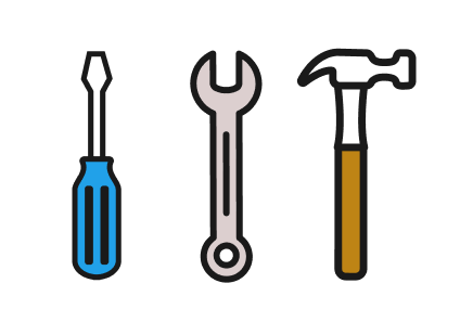 Illustration of a screwdriver, wrench and hammer