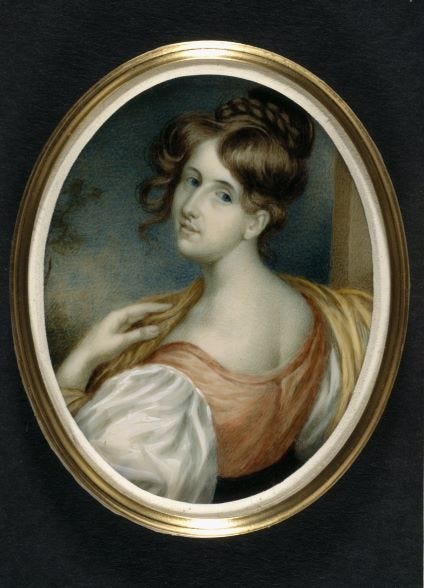 miniature circular portrait of a woman sitting with her back to the artist looking over her shoulder. She wears a dress of peach and white and has long curled brown hair.