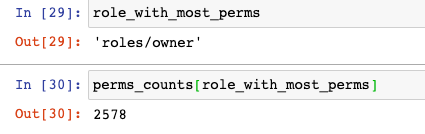 Jupyter screnshot showing the role with most permissions is “owner” with 2578 unique permissions.