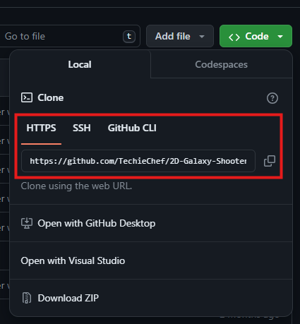 Screenshot of GitHub showing the various cloning options