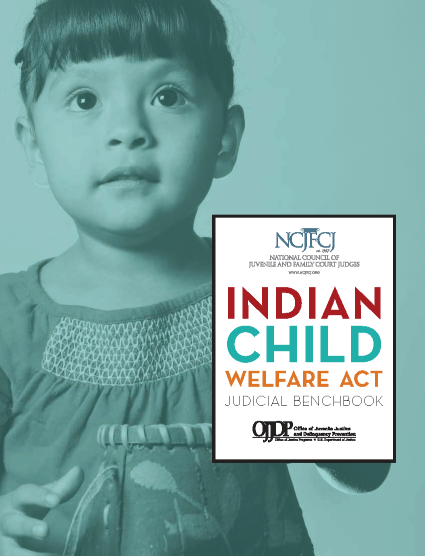 The cover of the Indian Child Welfare Act Judicial Benchbook is shown. A child sits in front of an indigenous style drum and appears to be looking at something beyond the camera.