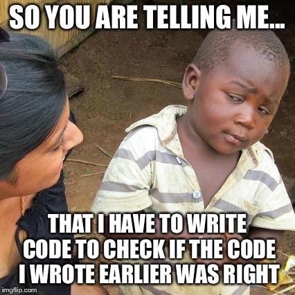 A kid looking sideways and saying “So you’re telling me… That I have to write code to check if the code I wrote earlier was right”