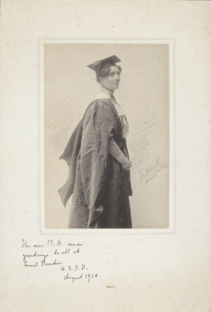 Black and white profile image of Horniman standing in her graduation gown and cap, accompanied by pencil mark sketching and handwritten description