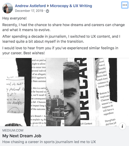 A screenshot of a Facebook post where the author of this essay promotes another essay he wrote in a UX writing Facebook group