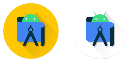 Android Studio icons: Canary (2020–2022) on the left, Stable (2020–2022) on the right. With the release of Android Studio 4.1 Canary, the “A” compass was reduced to an abstract form placed in front of a blueprint. The Android head was also added, peeking over the top.