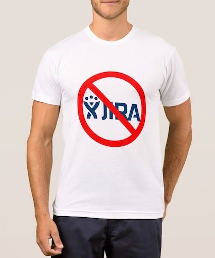 T-shirt with the JIRA logo crossed out