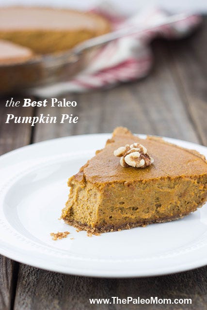 slice of paleo pumpkin pie on a white plate