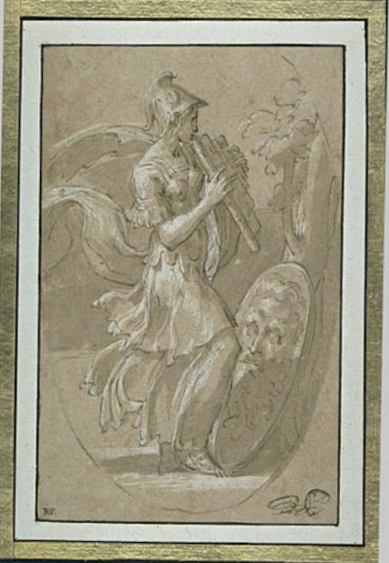 Minerva tocando uma flauta de 5 orifícios — Francesco Mazzuola, séc. XVI.