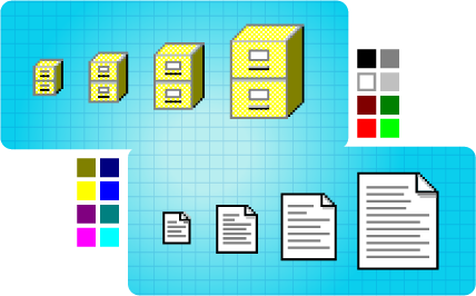 Two sets of icons in four sizes: 16x16, 24x24, 32x32, and 48x48. Images are filing cabinet and a page. Small squares showing Windows 16-color palette.