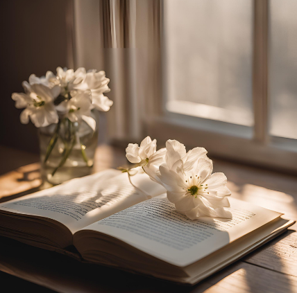 A picture of flower used as bookmark in novel produced by Canva