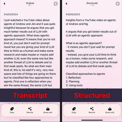 From transcript to structured text in Letterly app