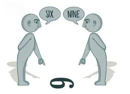 Two cartoon like figures of humans, looking at a number, and pointing towards it. One says “SIX” while the other says “NINE”.