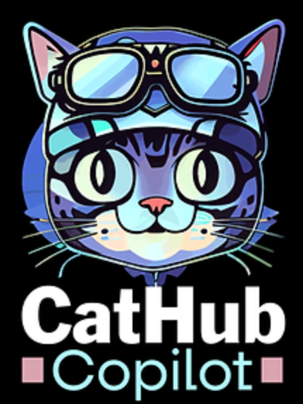 A cartoon illustration of a cat’s face wearing aviator goggles and a helmet, giving it a pilot look. The cat has large, expressive eyes and a determined expression. Below the cat, the text reads “CatHub Copilot” in a stylized font. The background is black, making the colorful cat and text stand out.