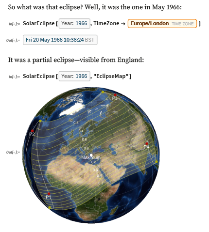 Excerpt from book showing the date of a childhood eclipse as well as the eclipse path on a globe graphic