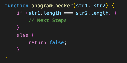 function anagramChecker(str1, str2) { if (str1.length === str2.length) { // Next Steps } else { return false; } }