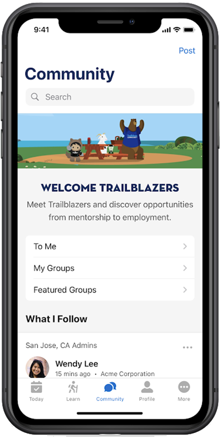 Mobile device showing the Community welcome page in the Trailhead GO app.