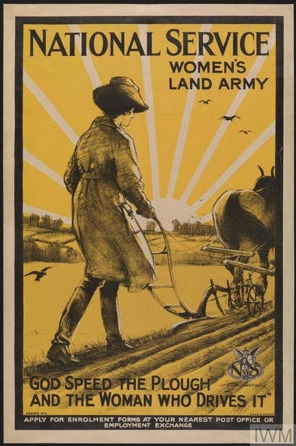 During the WWI period of UK history, lack of farmers was one issue leading to food shortages. The historical novel Roseleigh discusses this and other issues.
