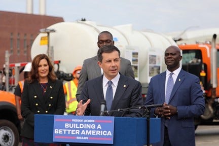 Secretary Buttigieg delivers remarks about the INFRA awards in Detroit, Michigan.