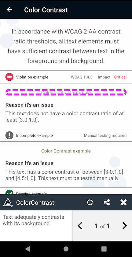 Screenshot of Deque’s app finding a contrast violation