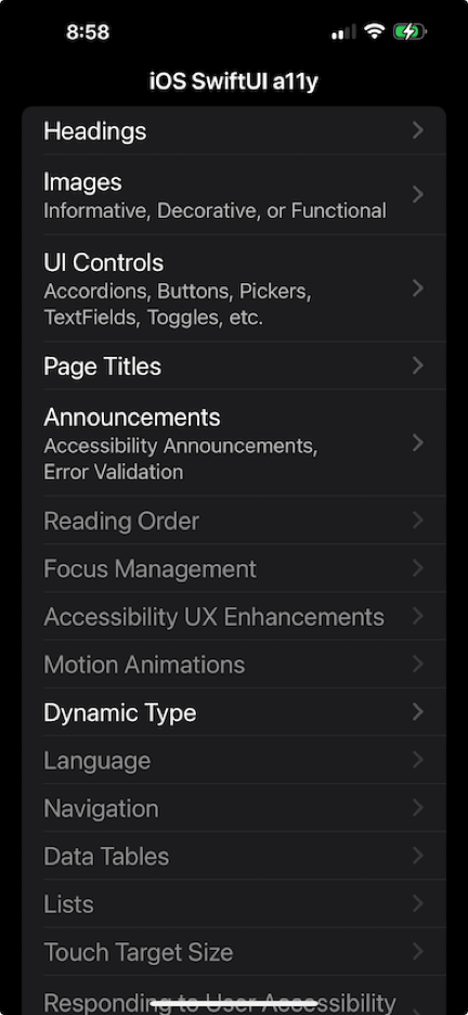 Main index page of the app showing the techniques pages, categories, and disabled pages that are not completed.
