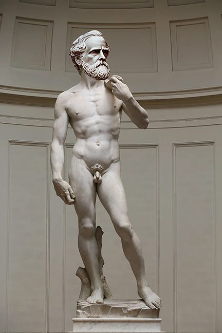 An imagined rendering of Confederate General Robert E. Lee, in the style of David by Michelangelo.