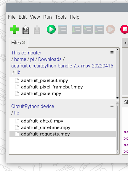 The ‘Files’ UI of Thonny is shown with the three libraries mentioned in the article uploaded to the “lib” folder of the CircuitPython device.