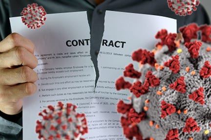 A photo montage showing a document labeled “contract” being ripped in half, with enlarged images of the COVID-19 virus.