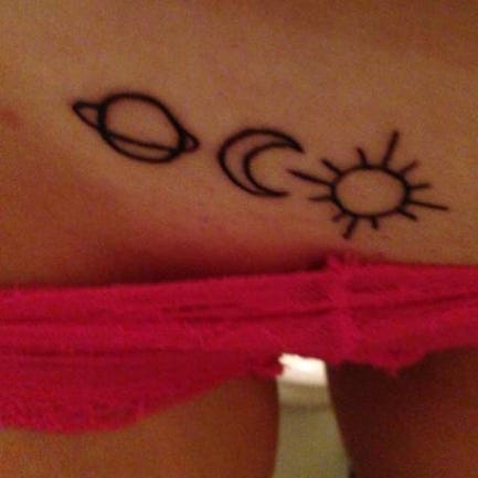 Three little tattoos of the sun, the moon, and saturn. - sun moon and saturn tattoobr /
