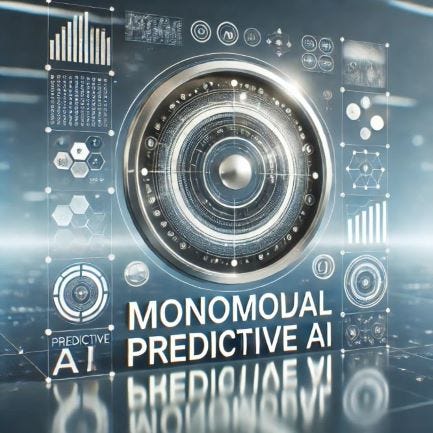 A digital art representation of a monomodal predictive AI system. The image features a sleek, high-tech interface with elements like charts, graphs, and algorithms, set against a bright, futuristic background. The text “Monomodal predictive AI” is prominently displayed in the center.