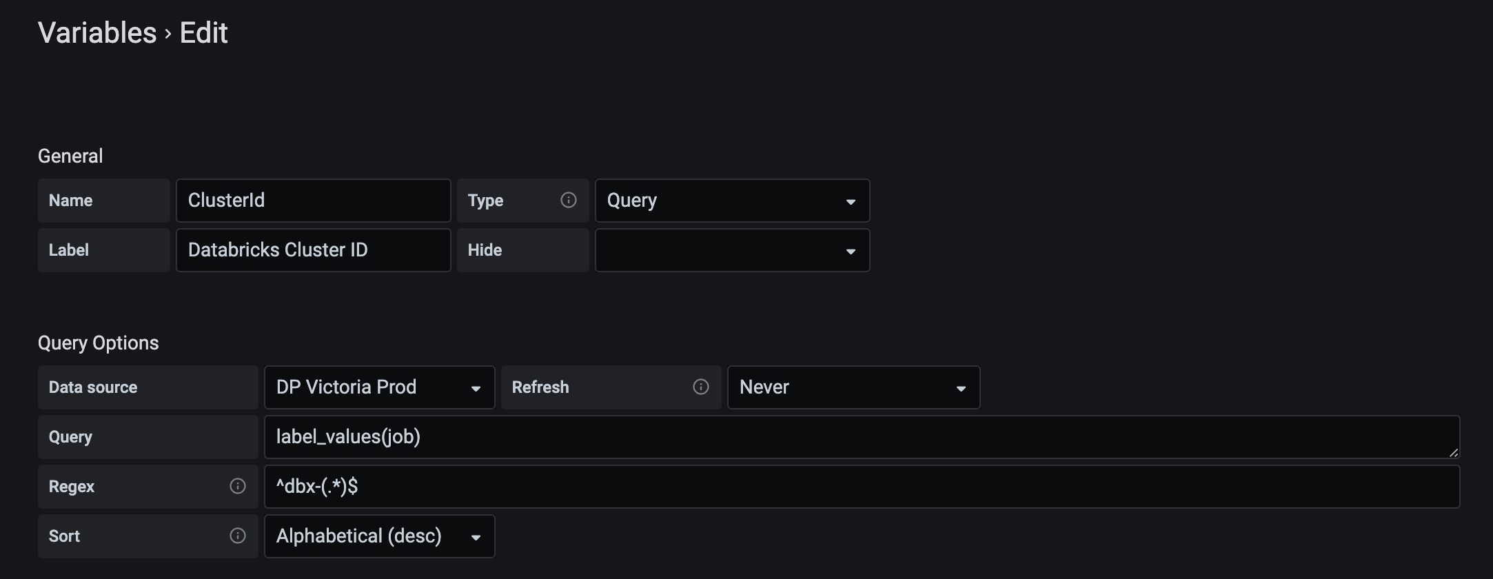 Parameterize dashboard with job. Note that our labels start with dbx-